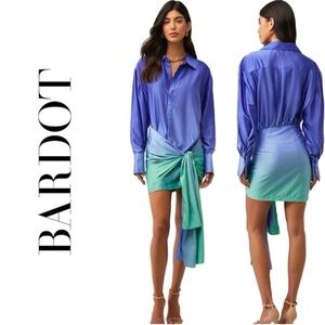 NWT Bardot Satin Malira shirt Dress Blue Green ombré tropical resort wear